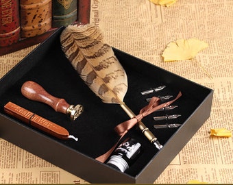 Box set quill pen - wax seal Stamp - owl feather Wedding Invitation Wax Seal Stamp letter - Alphabet Wax Seal