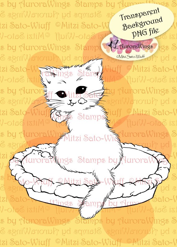 PNG Digital Stamp - Pumpkin Pie Kitten - Thanksgiving Christmas Holiday - Whimsical Animal Line Art for Cards & Crafts by Mitzi Sato-Wiuff