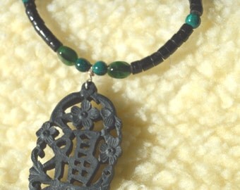Black Heishi, Green Stones, Chinese Symbol Pendant - 23" Necklace, Sterling Clasp N1 by Southwest Dreaming