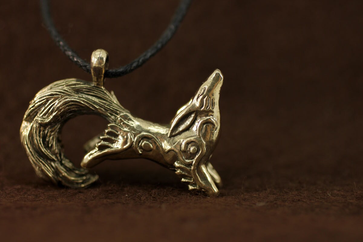 Kitsune Fox bronze pendant necklace