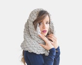Knit Hood Cowl in Light Oatmeal, Warm Infinity Scarf, Chunky Tube Scarf, Hooded Snood, Knit Capelette, Custom Womens Cowl / Hand Knitted