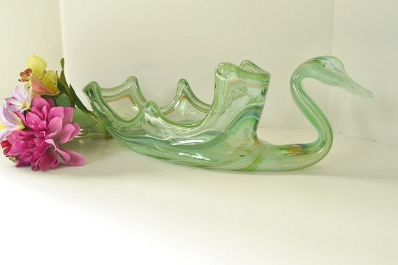 Green Swirl Glass Swan from Sooner Glass by WidhalmsCollectibles