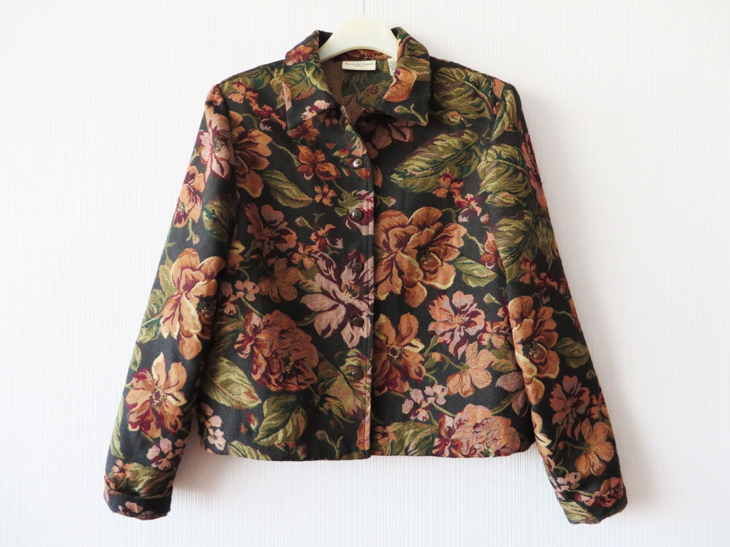 Brown Floral Tapestry Jacket Women's Gold Bronze Brocade