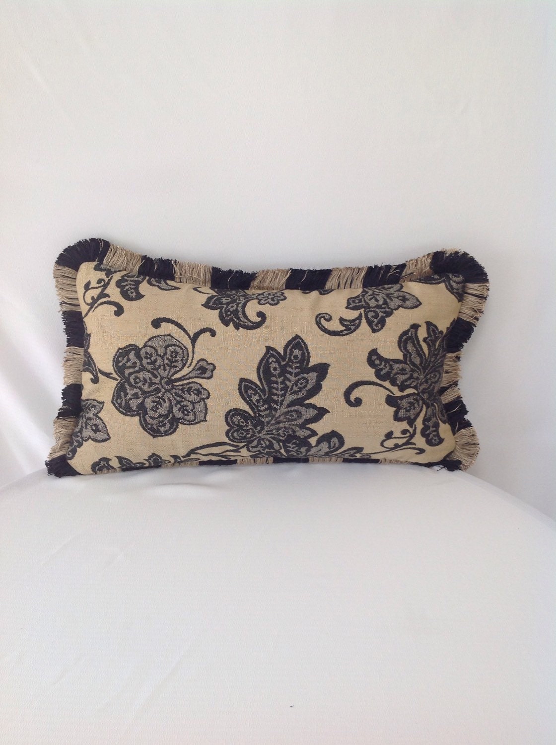 Tan and Black Floral Lumbar Pillow Cover