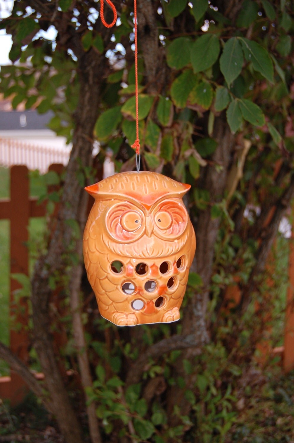 Vintage Hanging Owl Tea Light Holder Orange Ceramic by MaceSpace