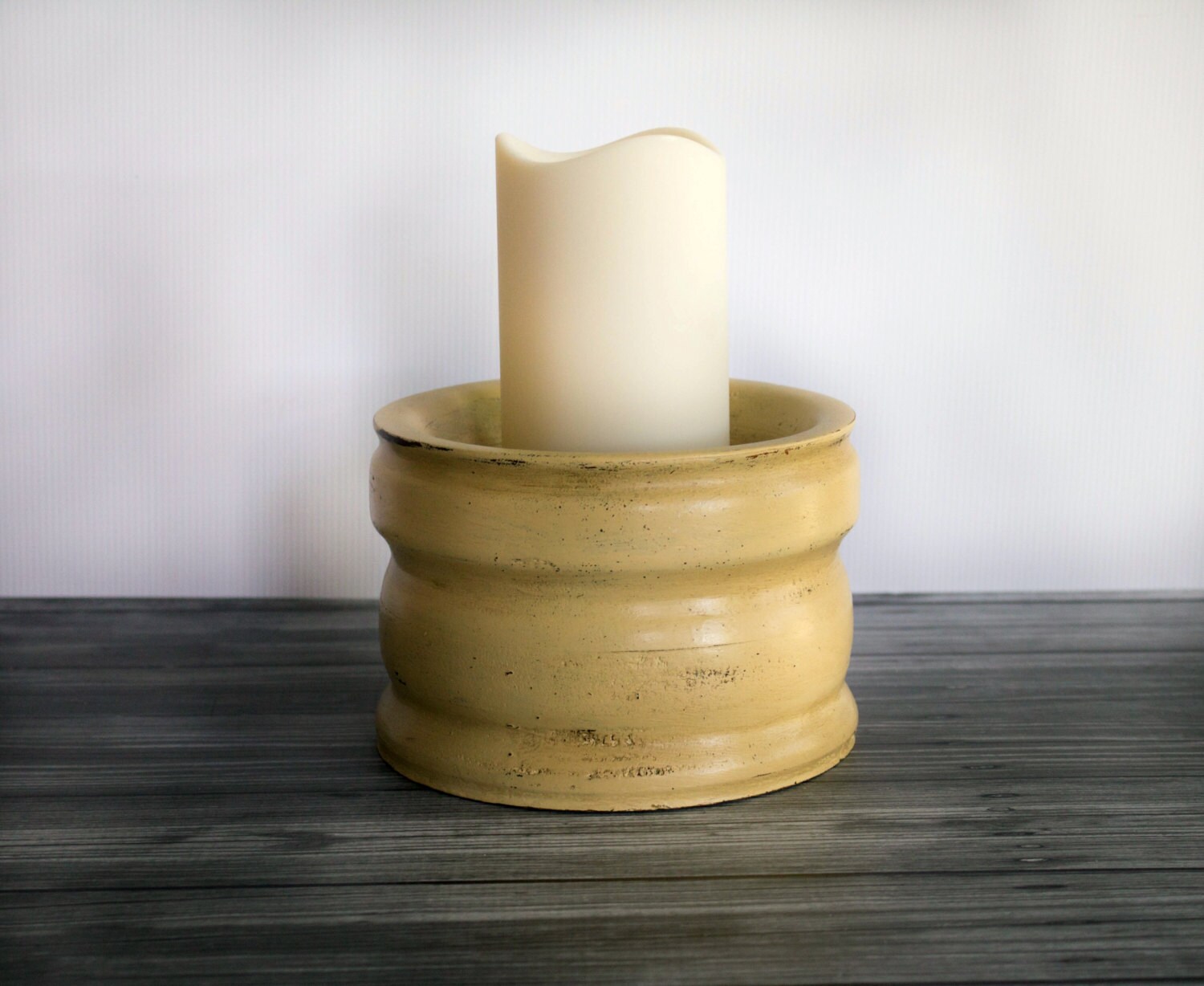 Mustard Yellow Distressed Wood Candle Holder Bowl Wedding