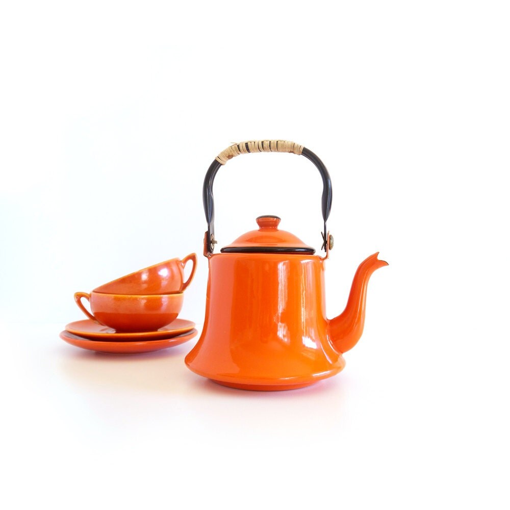 Vintage Bright Orange Enamelware Teapot from by TheCopperCrane