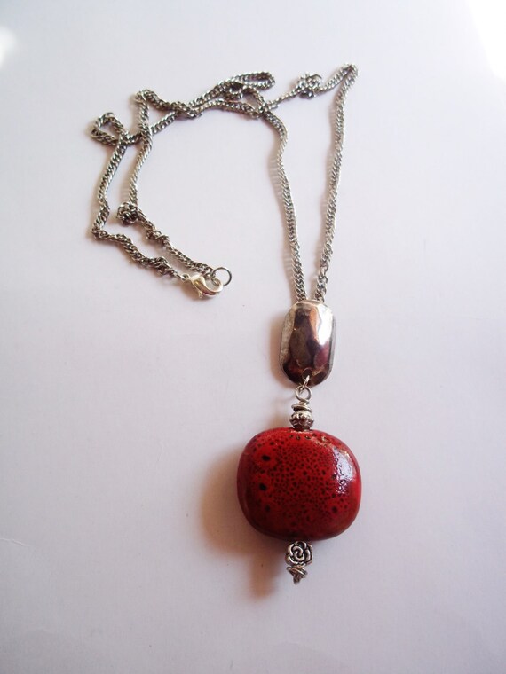 Earth Red Ceramic and Silver Pendant Necklace from my Pagan