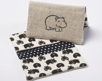 Hippo Wallet, Business Card Holder, Fabric Credit Card Case in Black and White