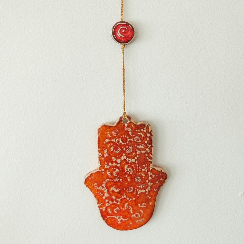 Orange color wall décor hanging hamsa, good luck ornament, Lucy charm, evil eye protected, housewarming gift, Home Decor, Christmas gift