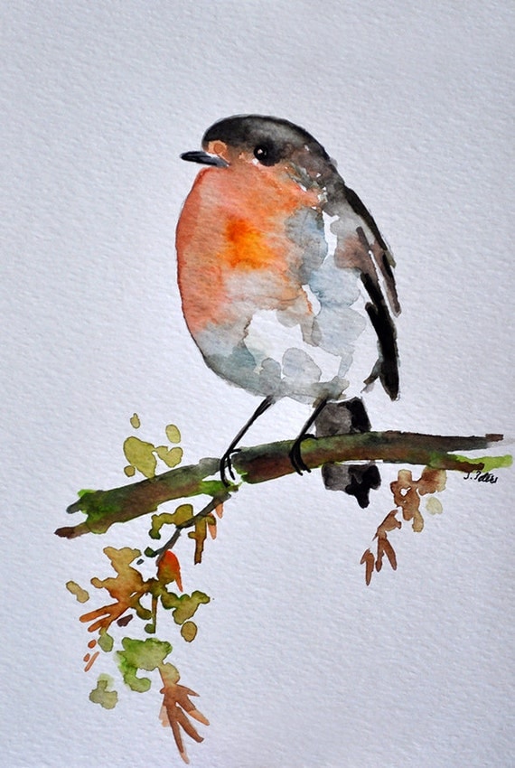 ORIGINAL Watercolor Bird Painting Robin on a Branch 6x8 inch