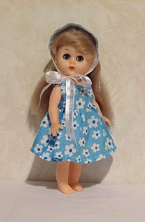 Ginny Doll Clothes Blue Floral Dress bonnet and panties 8