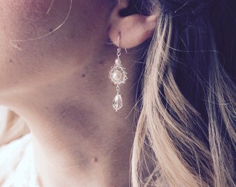 Bridal earrings, Swarovski crystal, pearl wedding earrings, bride jewelry, wedding jewelry, sterling silver bridal earrings, gift for bride