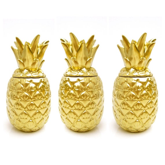 Vtg Gold Pineapple Jar | Tropical Chic Ceramic Lidded Container | Cookie Jar | Ice Bucket