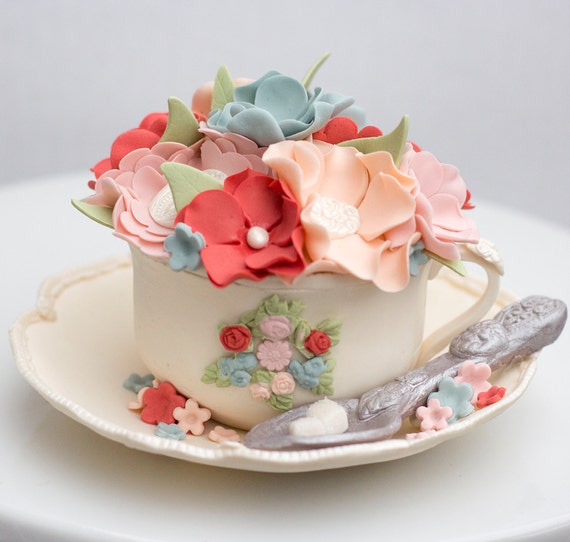 Fondant floral tea cup cake topper Earliest possible