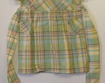 Vintage 40's 50's Children's clothing Smock overall plaided green white rose pure cotton Dead stock Made in France