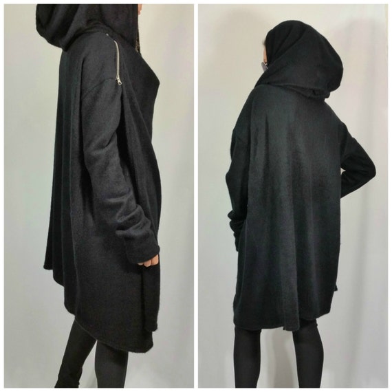 Black Asymmetric Hooded Coat Loose Extravagant Cape Coat Long