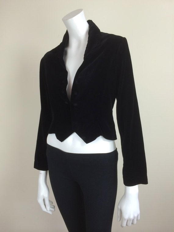 black velvet cropped fitted jacket w/ button trim handfinished