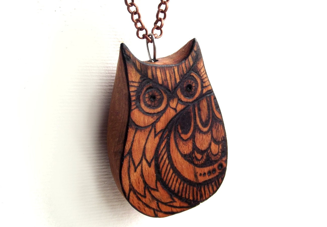 Owl Necklace Owl pendant Carved wood Owl woodburning Owl