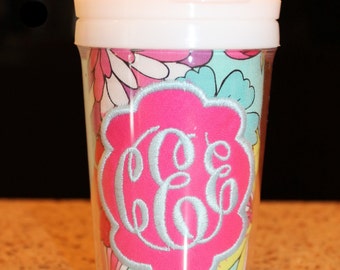 Aqua/Purple Flower Monogram Sippy Cup - Personalized w/ Monogram or Name - SIPPY or STRAW Top options