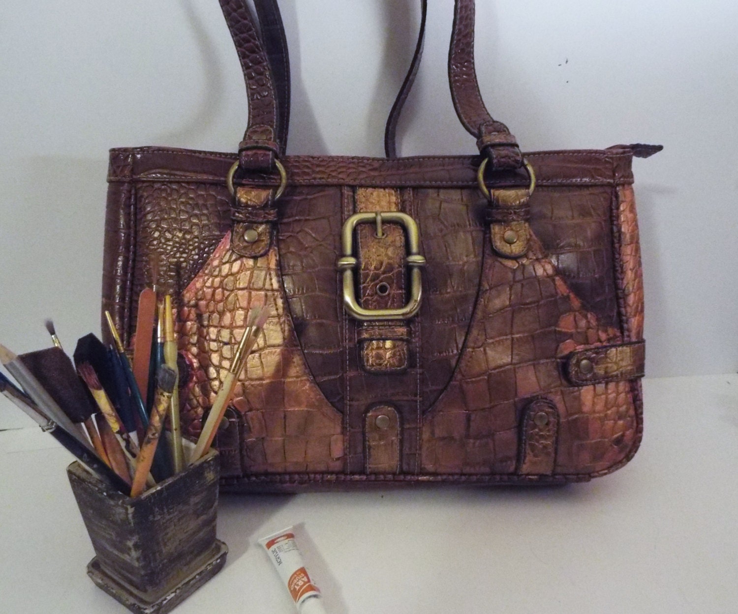 CLEARANCE Eco Leather Tote Bag Hand Painted Snakeskin Design