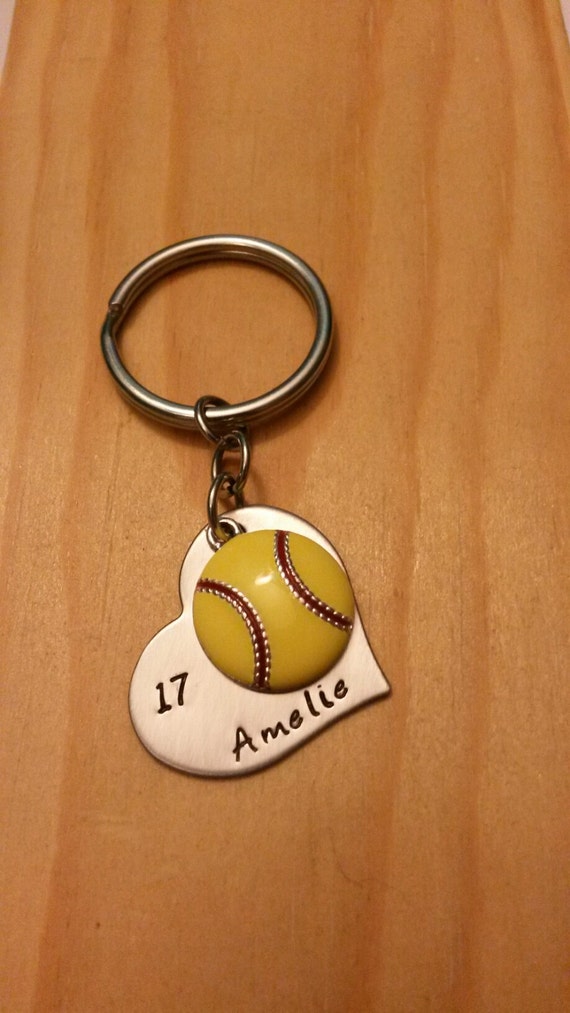 Hand Stamped Softball Keychain Bat Bag Charm by BlackWolfDesigns21