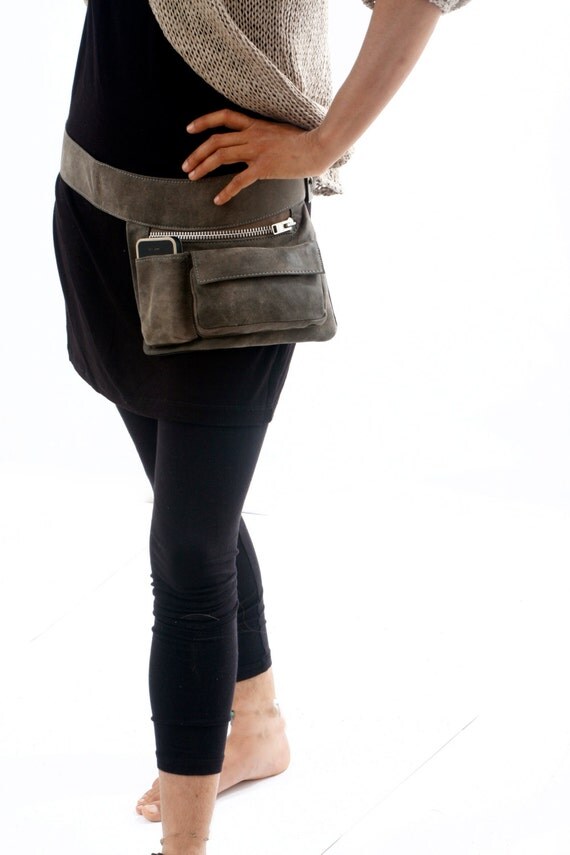 Gray Leather Hip Bag, bum bag, fanny pack, travel pouch, belt pocket