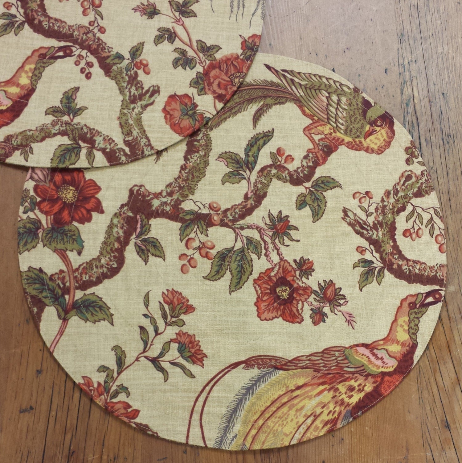 2 Round Quilted Placemats floral & fauna Pheasants Sorting