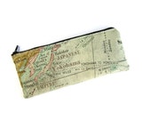 Zipper pouch/ Pencil case/ Writing case/ Small cosmetic bag / sewed in retro map fabric / World Map pattern/ Handmade cute pencilcase