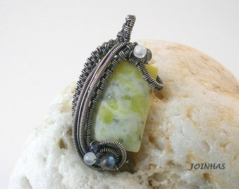 Silver Pendant, Wire Wrapped Jewelry Handmade, Woven Wire Jewelry, Sterling Silver Pendant, Wire Wrap Yellow Pendant, Natural Stone Pendant
