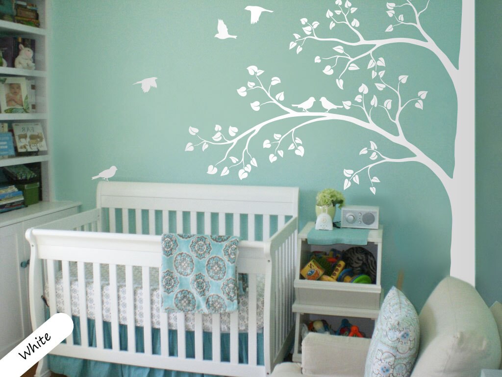 White Tree Wall Decal Huge Corner Tree with Leaves by StudioQuee