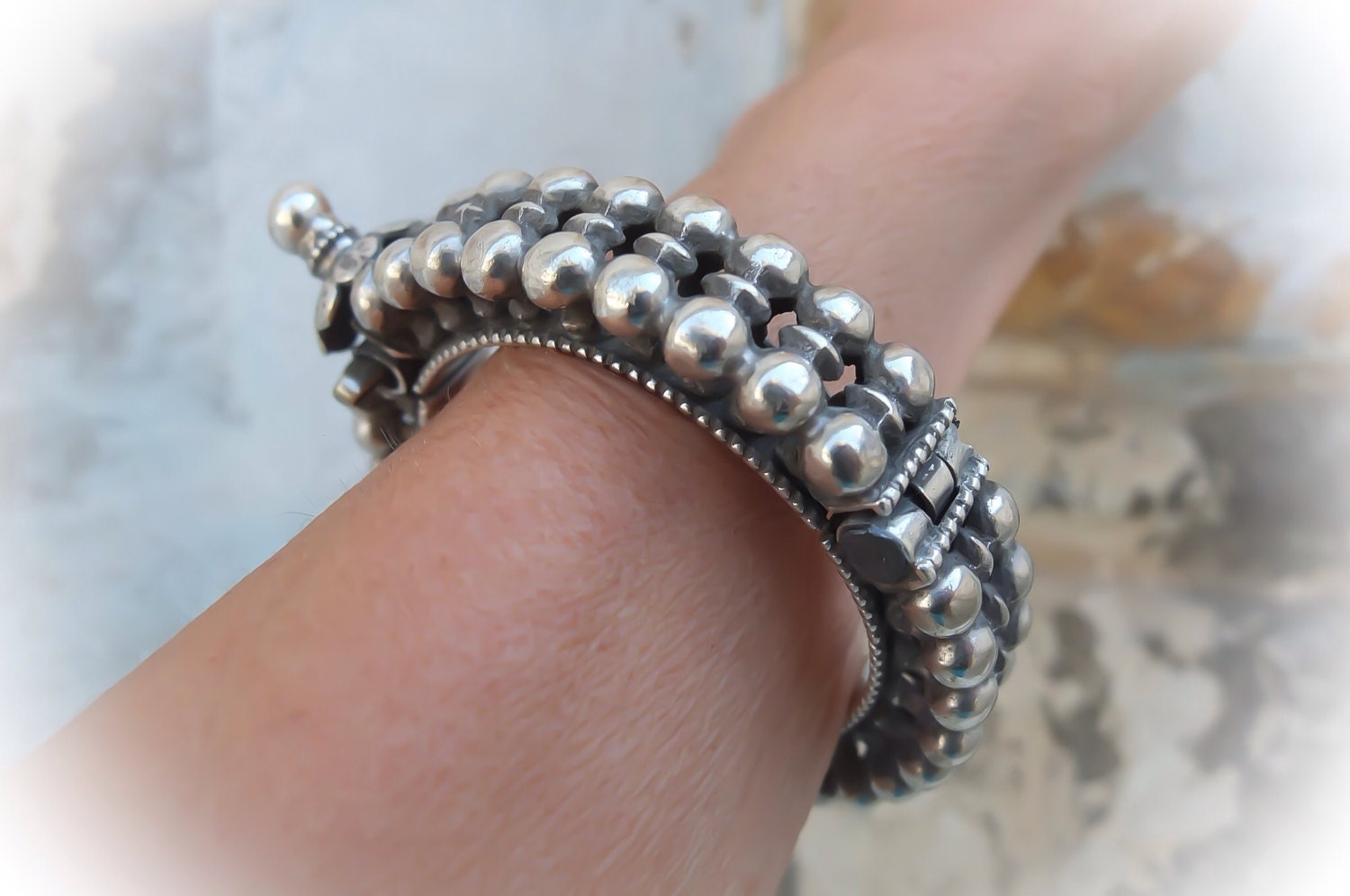 Bracelet Ethnique Vintage Inde Rajasthan - Métal Blanc - Occasion Bon État - Bijou Bohème