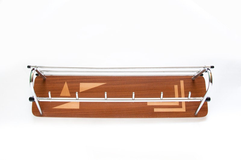 Mid Century Modern Coat Rack Chrome Inlaid Wood 1950s