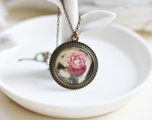 Dreams Of Roses // Round pendant metal brass with a picture of roses under glass