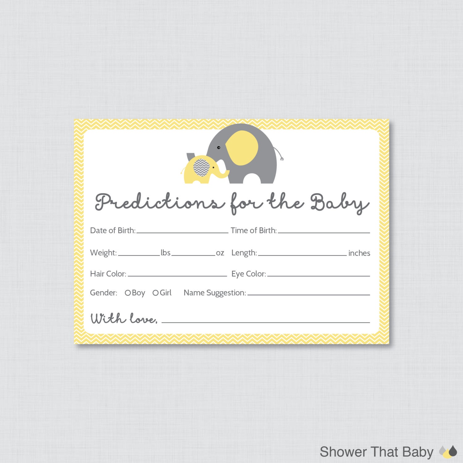Elephant Baby Shower Prediction Cards Instant Download