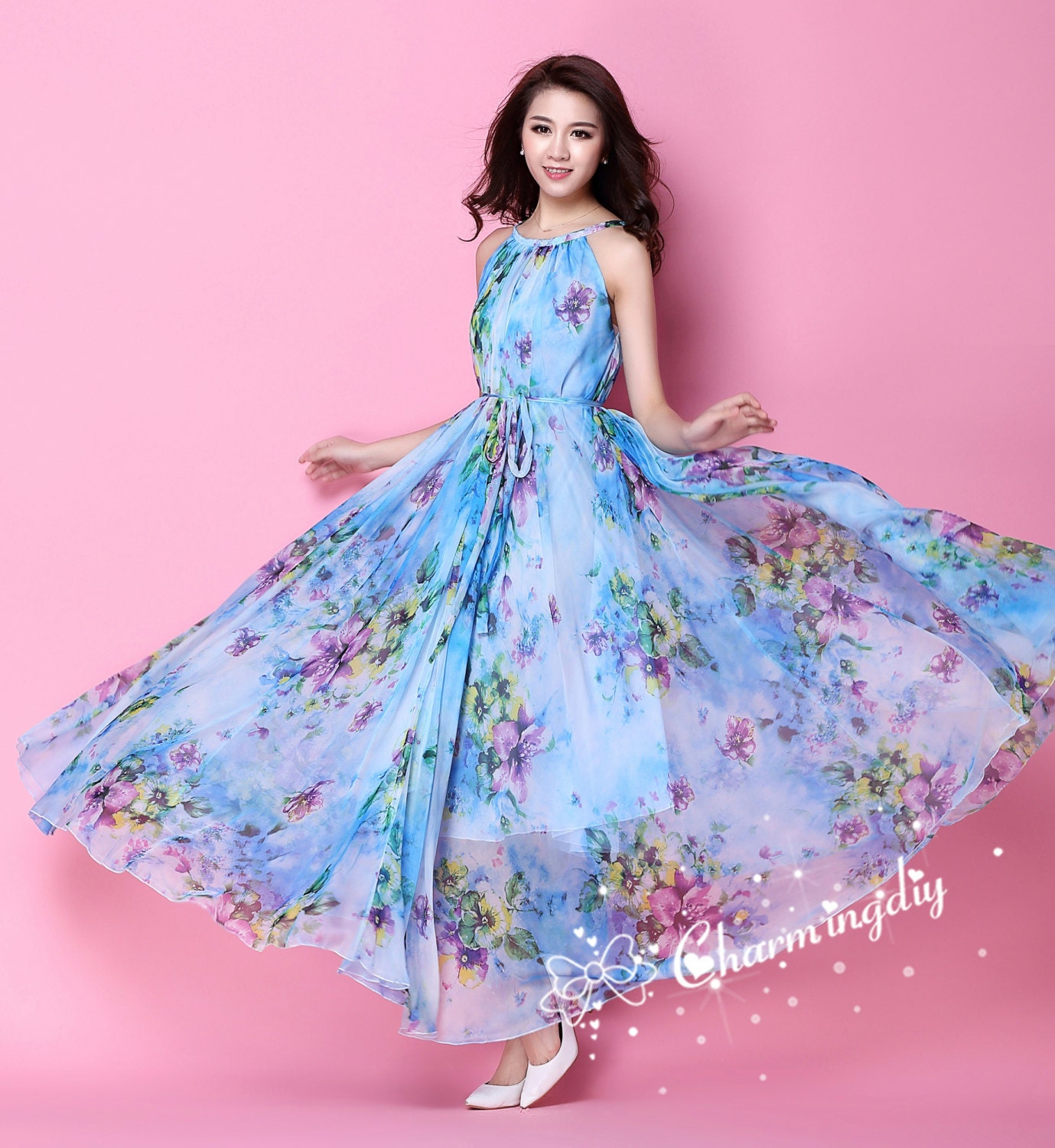 60 Colors Chiffon Blue Flower Long Party Dress Evening Wedding