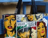 A book bag, school bag or large handbag with cartoon motif oilcloth on the outside. A book bag, school bag or large handbag with cartoon motif oilcloth on the outside.