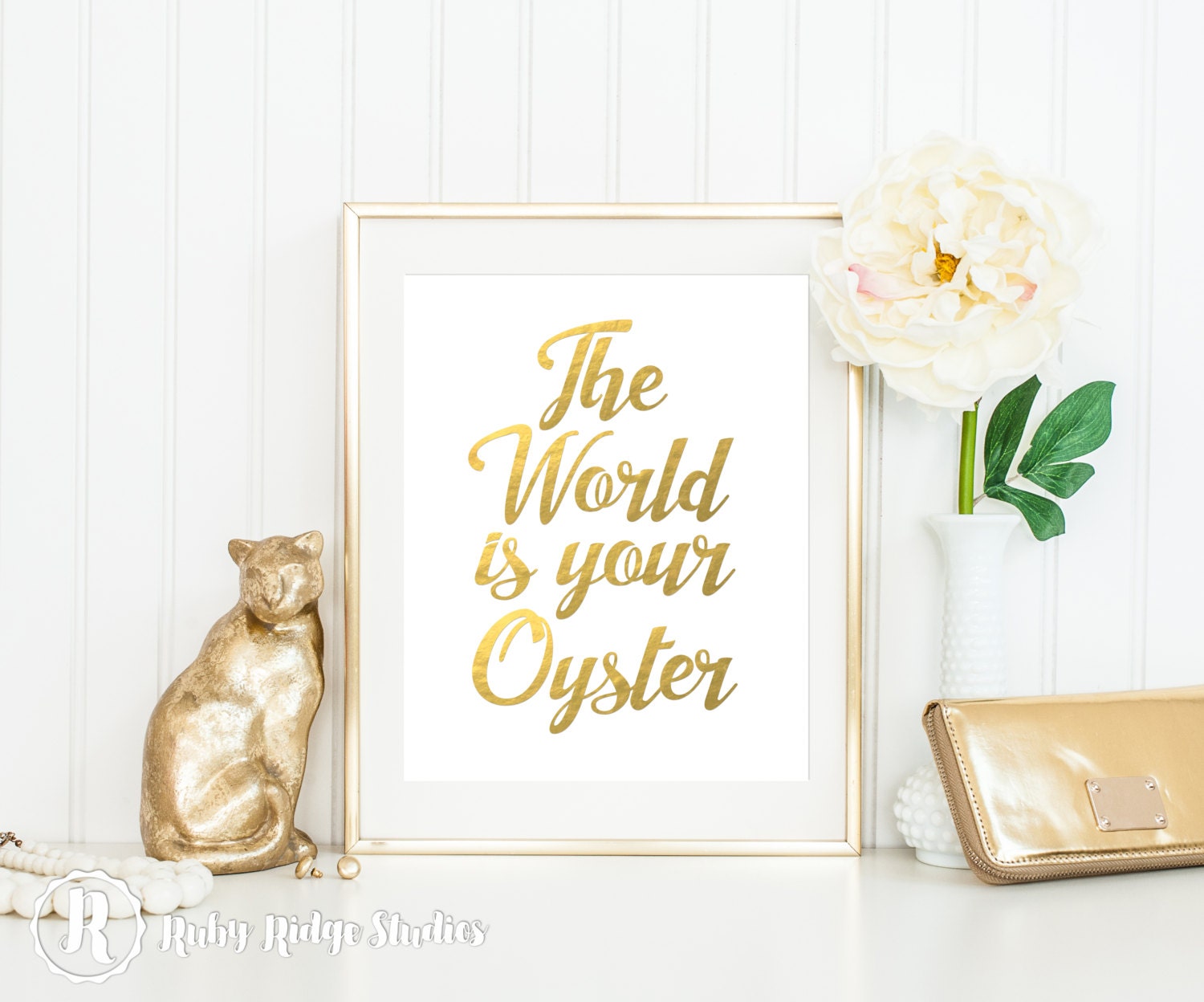 Gold Foil Quote Wall Art The World is Your by RubyRidgeStudios