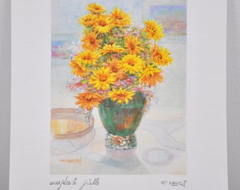 Beautiful Yellow and Orange Floral Watercolor Print Signed by F. Neri/Ready to Frame/Wall Art/Home Decor/ Flowers/ Painting/Interior Design