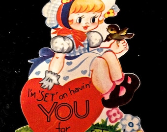 Vintage Valentine's Card, Die Cut Valentine Card, Red Hearts, Little Blonde Girl, Bird, Valentines Ephemera, Circa 1940s