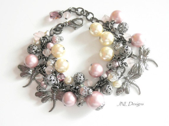 Romantic Dragonfly Charm Bracelet Pearl Bracelet Pink  Charm Bracelet Cha Cha Bracelet Jewelry for Her