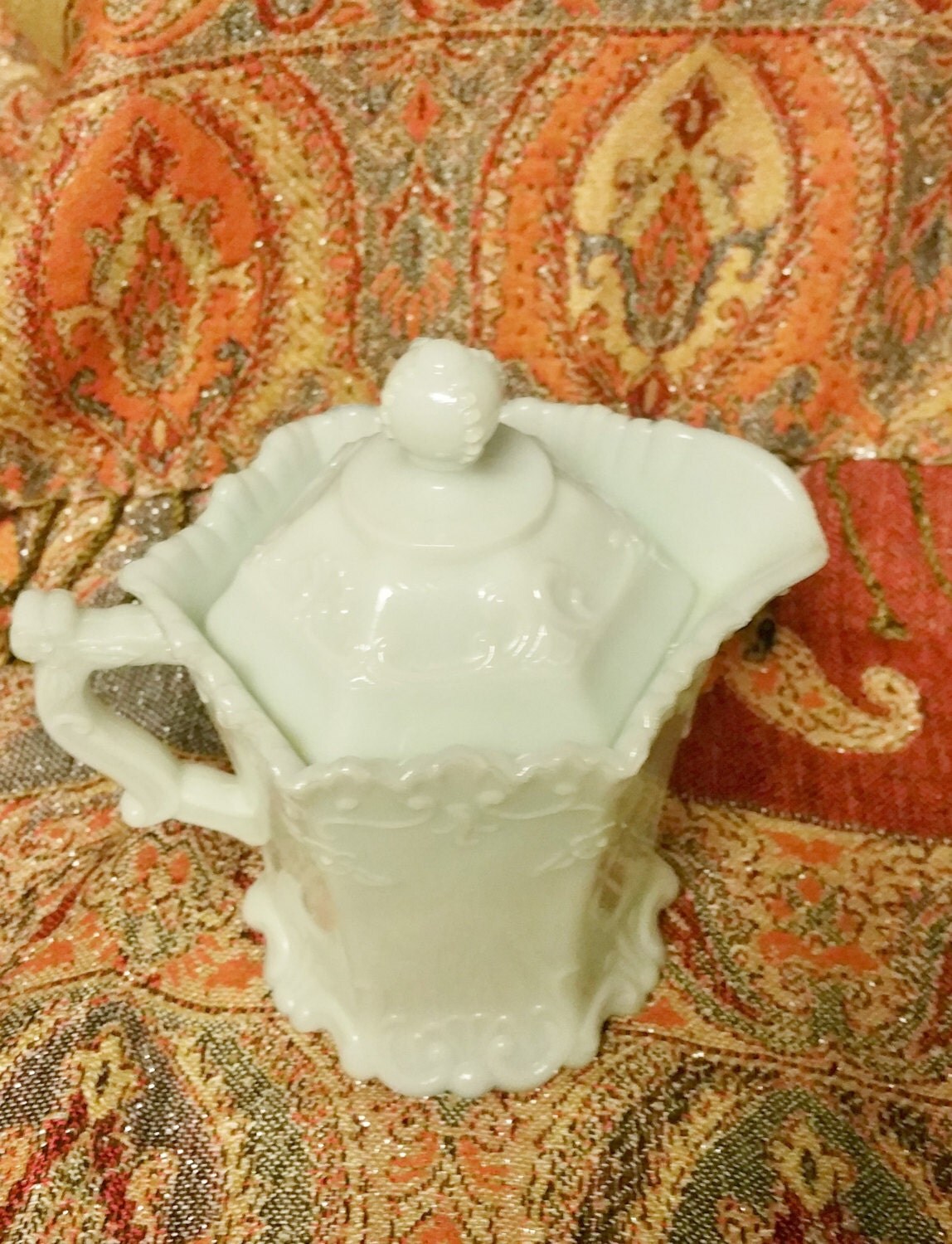 Antique Westmoreland Milk Glass Creamer with Handle and Lid Rare Find