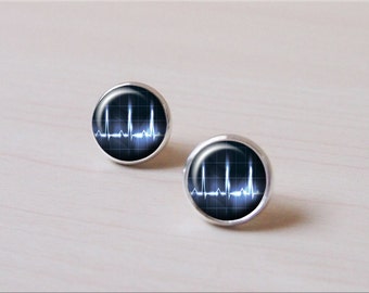 Vintage Heartbeat SVG Earrings, ECG, Heart, Doctor Earrings, Nurse Earrings, silver Earring stud, Earring clip