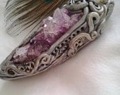 Gemstone Pendant, polymer clay Large Medieval Amethyst druzy pendant with small quartz cluster OOAK, World of Warcraft , February birthstone