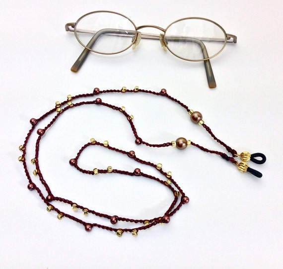 Gold Bead Bronze Pearl Lanyard Crochet Eyeglass Chain Brown