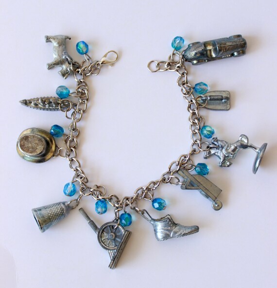 Monopoly Token Charm Bracelet with Blue Beads by HoneysuckleRoseC