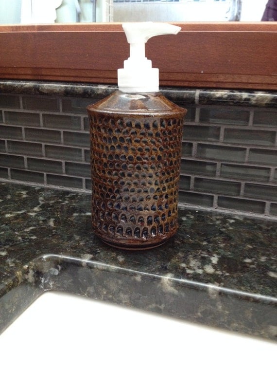 Soap Dispenser Hand Carved Brown by BlueHawkPottery on Etsy