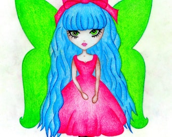 Faerie, Pixie art, LIMITED EDITION PRINT, colorful, vibrant, positive, big eyed, Kids room art. pink, blue, green, lowbrow, pop surrealist
