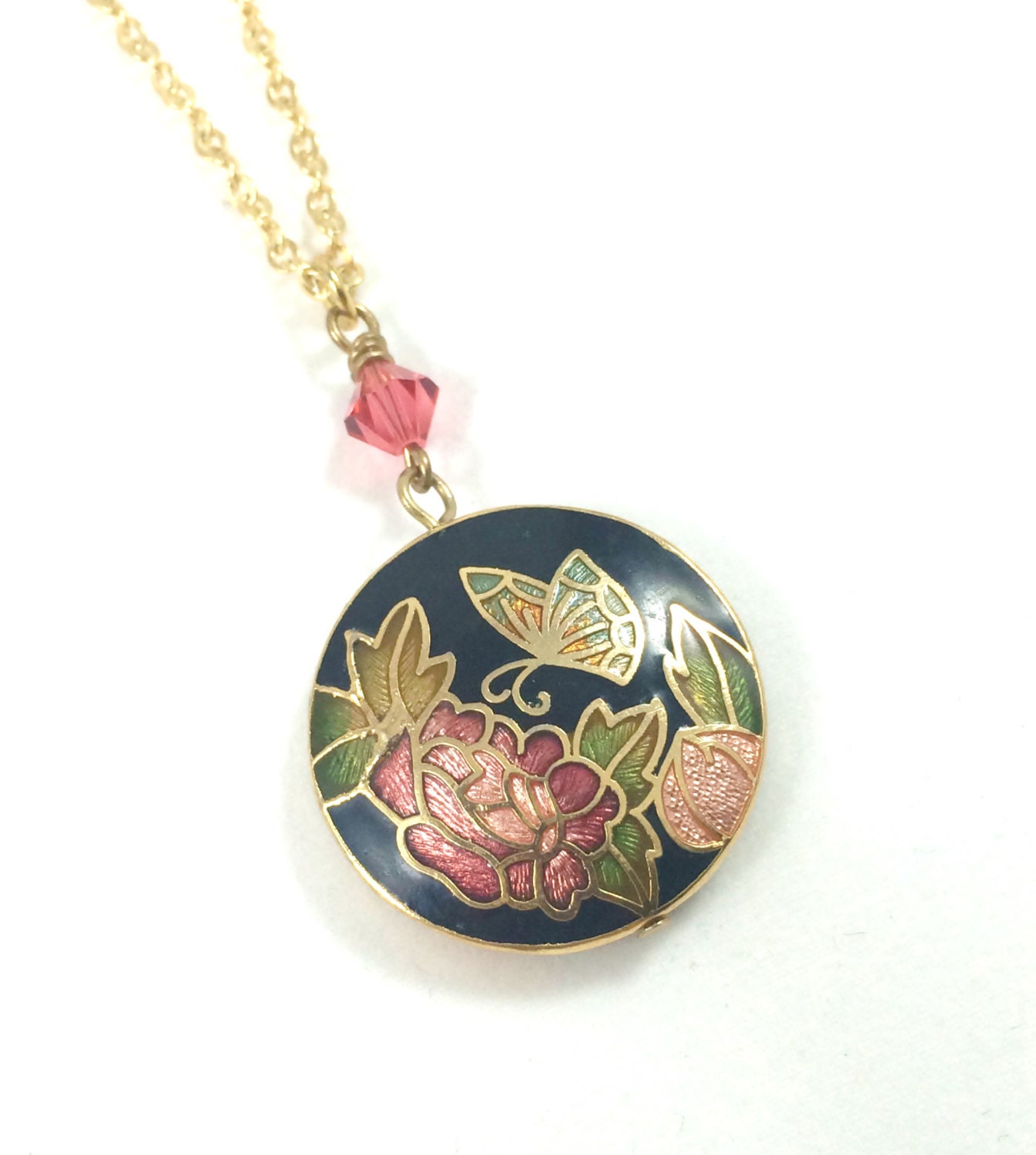 Cloisonné Necklace Enamel Pendant Necklace Gold Flower