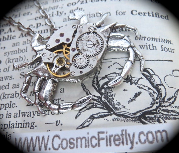 Steampunk Necklace Silver Crab Necklace Vintage Watch Movement Gothic Victorian Jewelry Rustic Primitive Antiqued Finish by CosmicFirefly steampunk buy now online